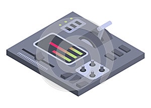 Isometric control panel spaceship with slider, controllers, buttons. 3d dashboard on white background. Aircraft toggle