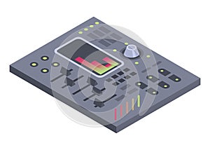 Isometric control panel spaceship with slider, controllers, buttons. 3d dashboard on white background. Aircraft toggle