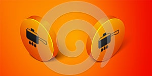 Isometric Cooking pot on fire icon isolated on orange background. Boil or stew food symbol. Orange circle button. Vector