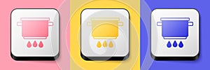 Isometric Cooking pot on fire icon isolated on pink, yellow and blue background. Boil or stew food symbol. Square button