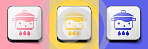 Isometric Cooking pot on fire icon isolated on pink, yellow and blue background. Boil or stew food symbol. Square button