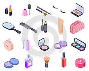 Isometric cosmetics. Cosmetic product bottle eyeshadow brush blush powder mascara makeup perfume pack balm. Beauty 3d