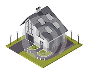 Isometric cottage. Building of private real estate for infographics or game design. Home with area and elements of the