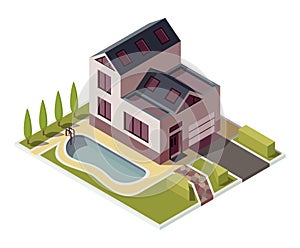 Isometric cottage. Building of private real estate for infographics or game design. Home with area, elements of the