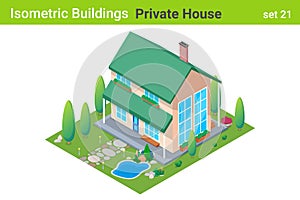 Isometric Cottage Private House with backyard garden Building flat vector collection