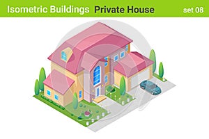 Isometric Cottage Private House with backyard garden Building flat vector collection