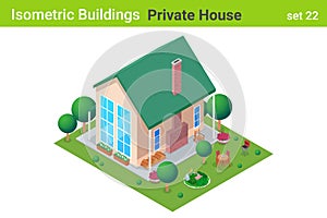 Isometric Cottage Private House with backyard garden Building flat vector collection