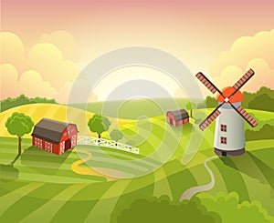 Isometric countryside farm landscape sunset farming vector flat