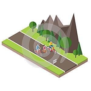 Isometric countryside. Summer road. Family cycling on countryside summer sunny road or highway. Mother, father and