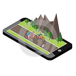 Isometric countryside. Summer road. Mobile geo tracking. Map. Family cycling on countryside summer sunny road or highway