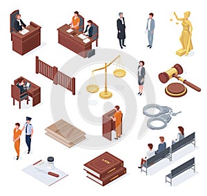 Isometric court, judge, litigation, lawyer, court and jurors. Judiciary pass and acquittal sentence vector illustration photo