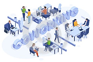 Isometric coworking concept. Freelance business people work in open office space vector illustration. Coworking 3d