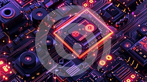 Isometric CPU banner. Central Computer Processor concept. Digital chip. Quantum computer, large data processing