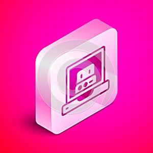 Isometric Creating robot icon isolated on pink background. Artificial intelligence, machine learning, cloud computing