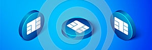 Isometric Credit card with chip icon isolated on blue background. Contactless payment. Blue circle button. Vector