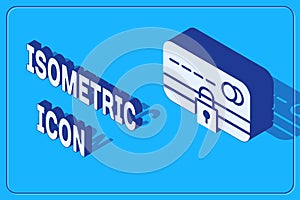 Isometric Credit card with lock icon isolated on blue background. Locked bank card. Security, safety, protection