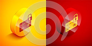 Isometric Credit card with lock icon isolated on orange and red background. Locked bank card. Security, safety