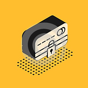 Isometric Credit card with lock icon isolated on yellow background. Locked bank card. Security, safety, protection