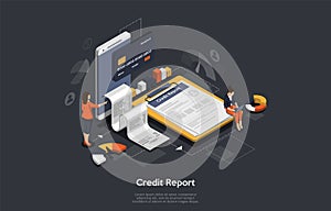 Isometric credit report concept. People are analysing calculate credit report. Credit score calculator, financial report