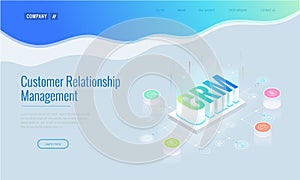 Isometric CRM web banner. Customer relationship management concept. Business Internet Technology vector illustration