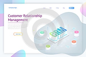 Isometric CRM web banner. Customer relationship management concept. Business Internet Technology vector illustration