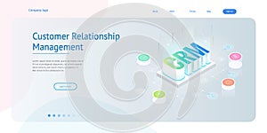 Isometric CRM web banner. Customer relationship management concept. Business Internet Technology vector illustration
