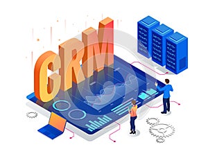 Isometric CRM web banner. Customer relationship management concept. Business Internet Technology vector illustration
