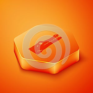 Isometric Crocodile icon isolated on orange background. Animal symbol. Orange hexagon button. Vector