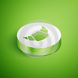 Isometric Croissant icon isolated on green background. White circle button. Vector