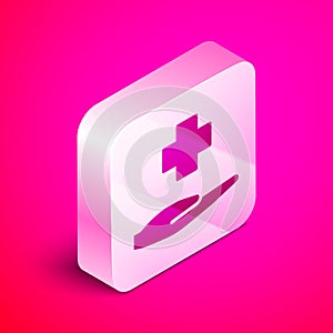 Isometric Cross hospital medical icon isolated on pink background. First aid. Diagnostics symbol. Medicine and pharmacy