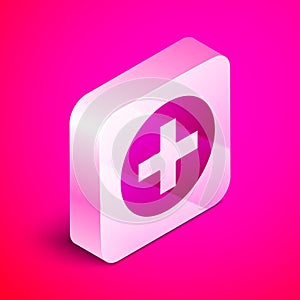 Isometric Cross hospital medical icon isolated on pink background. First aid. Diagnostics symbol. Medicine and pharmacy