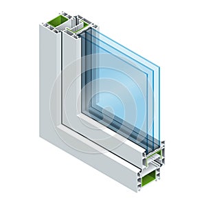 Isometric Cross-section diagram of a triple glazed window pane PVC profile laminated wood grain, classic white. Flat