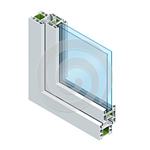 Isometric Cross section through a window pane PVC profile laminated wood grain, classic white. Flat vector illustration