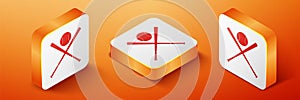 Isometric Crossed baseball bats and ball icon isolated on orange background. Orange square button. Vector