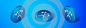 Isometric Crossed medieval axes icon isolated on blue background. Battle axe, executioner axe. Medieval weapon. Blue