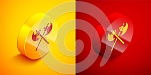 Isometric Crossed medieval axes icon isolated on orange and red background. Battle axe, executioner axe. Medieval weapon