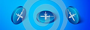 Isometric Crossed medieval sword icon isolated on blue background. Medieval weapon. Blue circle button. Vector