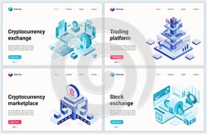 Isometric cryptocurrency blockchain technology vector illustration, cartoon 3d trading platform services for exchange