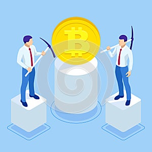 Isometric cryptocurrency business people miner and coins concept. Bitcoin cryptocurrency mining farm. Cryptocurrency
