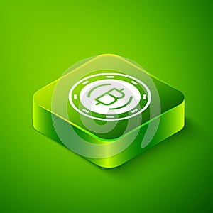 Isometric Cryptocurrency coin Bitcoin icon isolated on green background. Physical bit coin. Blockchain based secure