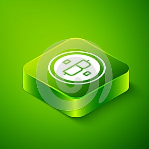 Isometric Cryptocurrency coin Bitcoin icon isolated on green background. Physical bit coin. Blockchain based secure