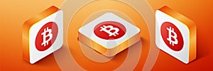 Isometric Cryptocurrency coin Bitcoin icon isolated on orange background. Physical bit coin. Digital currency