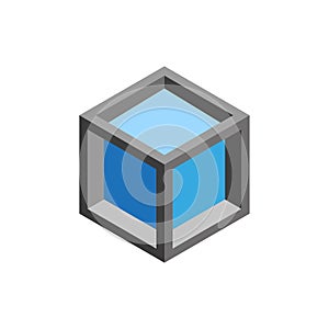 Isometric cube shape. Three dimensional block. Wireframe frame Vector. Geometric graphic element
