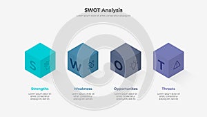 Isometric cubes with SWOT letters. Strength, weakness, opportunity and threat design