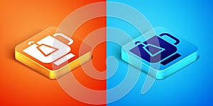 Isometric Cup of tea with tea bag icon isolated on orange and blue background. Vector