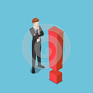Isometric curious businessman standing with exclamation mark