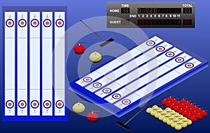 Isometric Curling stadium, stones, broom, and scoreboard. Curling playground top view. Isolated elements.