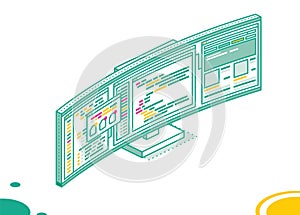 Isometric Curved Gaming Monitor with Open Web Pages and Folders. PC Computer Monoblock