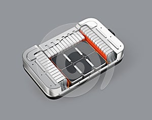 Isometric cutaway view of electric vehicle battery pack on gray background