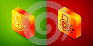 Isometric Cyber security icon isolated on green and red background. Closed padlock on digital circuit board. Safety